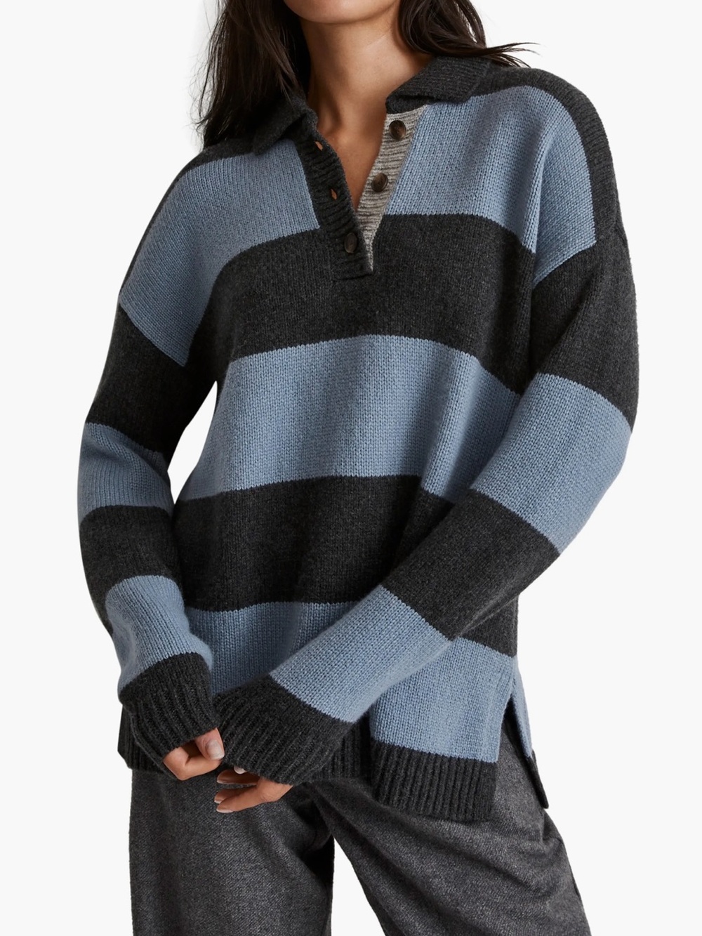 Madewell Rugby Stripe Polo Sweater Size XS EUC Grey Blue